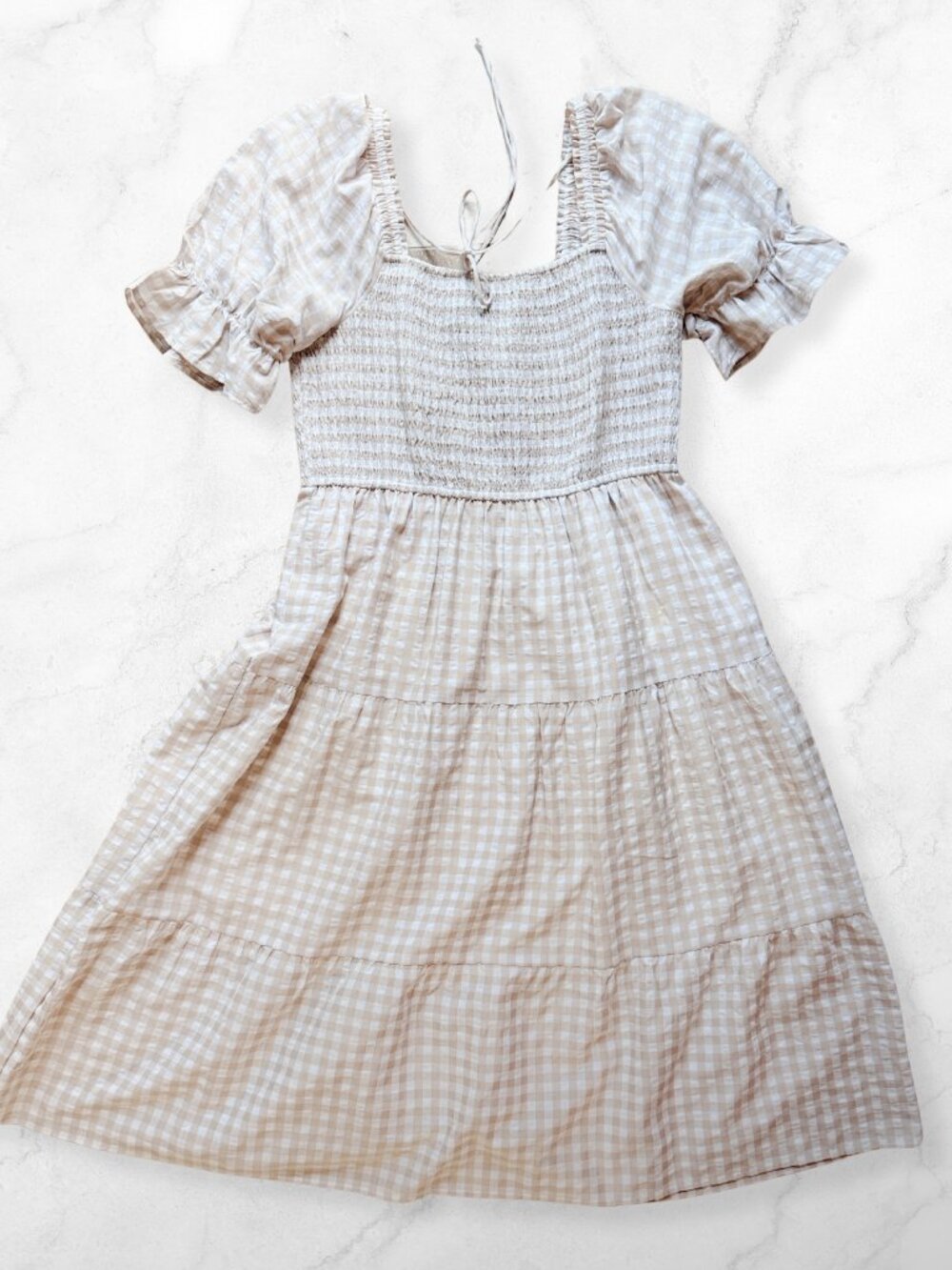 ZESICA 2XL Beige Gingham Smocked Puff Sleeve Midi Dress